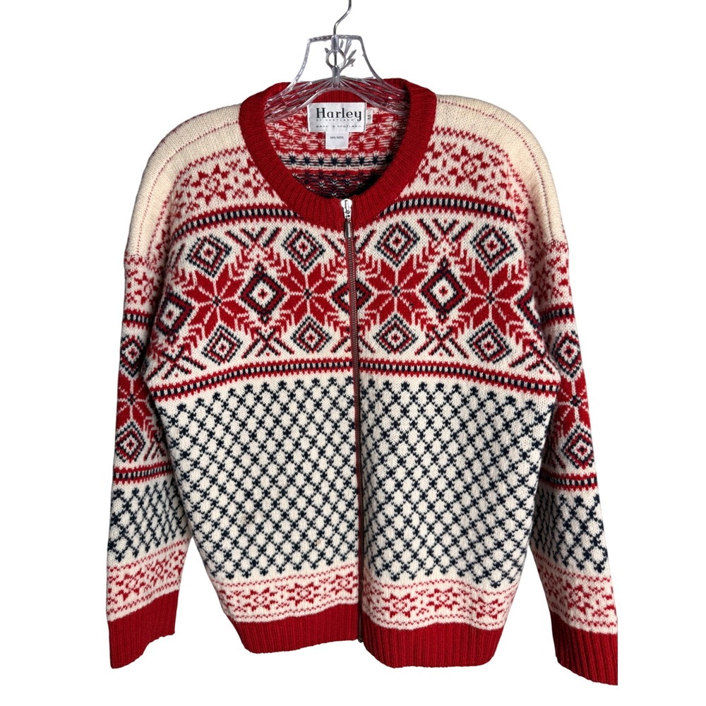 Harley of Scotland Zip Cardigan Womens Medium Red White Wool Fair Isle Flaw